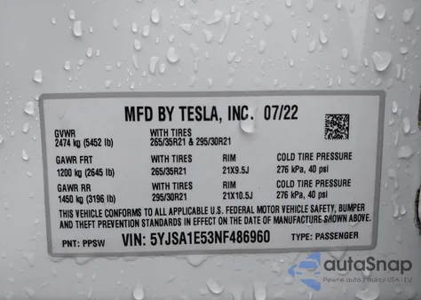 2022 Tesla Model S Dual Motor All-Wheel Drive z USA, uszkodzony, nr VIN 5YJSA1E53NF486960